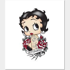 a girl with tattoos and roses on her chest is shown in the shape of a sticker