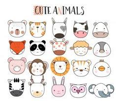 cute animal faces in different colors and sizes, with the words cute animals above them