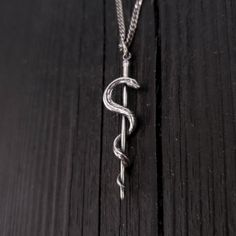 "This beautifully detailed Rod of Asclepius is an ancient Greek symbol associated with astrology and with healing the sick through medicine. It consists of a serpent entwined around a staff. Asclepius, the son of Apollo, was practitioner of medicine in ancient Greek mythology. This handmade piece is cast in sterling silver, oxidized in recesses to enhance the fines detail of this 1.75\" long pendant. It will arrive in a branded \"Moon Raven Designs\" gift box ready to present to a graduating nur Ancient Greek Symbols, Rod Of Asclepius, Greek Mythology Jewelry, Actor Gifts, Sugar Skull Necklace, Moon Necklace Silver, Medical Jewelry, Skull Pendant Necklace, Horse Necklace