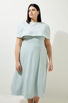 Plus Size Structured Crepe Cape Sleeve Full Skirt Tailored Midaxi Dress Wedding Guest Outfit Plus Size, Dress With A Cape, Lydia Millen, Hen Do Outfits, Plus Size Midi Dress, Workwear Capsule Wardrobe, Plus Size Workwear, Spring Wedding Guest Dress, Ibiza Outfits