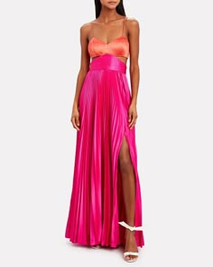 Chic Pink Silk Gown, Pink Silk Cocktail Gown, Pink Pleated Dress For Night Out, Pink Silk Gown With Pleated Bodice, Pink Pleated Bodice Gown For Evening, Chic Pink Gown For Gala, Pink Evening Gown For Spring, Pink Spring Evening Gown, Chic Pink Maxi Dress With Pleated Bodice