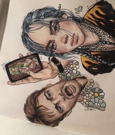 a drawing of two people with cell phones in their hands, one holding a phone and the other looking up