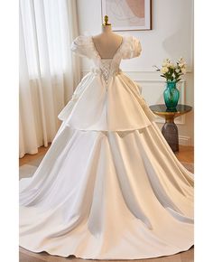 Get 10% off now! Buy retro white satin ballgown wedding dress with bubble sleeves at cheap price online. Free stable shipping and pro custom service since 2009. Satin Ballgown Wedding Dress, Satin Ballgown Wedding Dresses, Satin Ballgown, Vintage Ball Gowns, Ballgown Wedding Dress, Satin Formal Dress, Ballgown Wedding, Sleeved Wedding, Silk Tulle