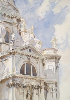 a watercolor painting of a building with statues on it