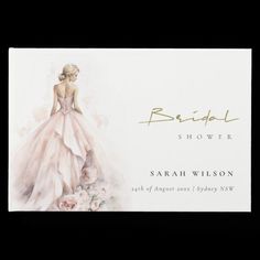 a watercolor painting of a woman in a wedding dress with the name bridal shower written on it