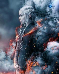 game of thrones poster with white hair and blue eyes standing in front of fire