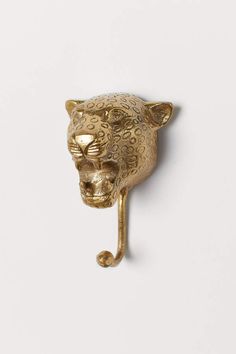 a gold lion head hook on a white wall with a black cat's face