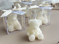 small white teddy bears in clear boxes on a table