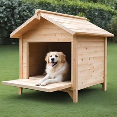 a dog is laying down in a wooden kennel