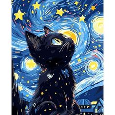 a painting of a black cat sitting in front of a night sky with stars and the moon