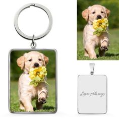 a keychain with a photo of a puppy holding a flower in it's mouth