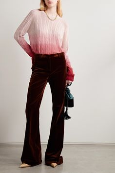 Etro's sweater is cable-knitted from a fine wool that gradually fades from pastel-pink to a rich claret hue at the hem. It has a slightly loose fit defined by ribbed trims and is particularly light and airy. Temper the sheerness with a triangle bra or tank and half tuck it into tailoring or jeans. Pink Cashmere Sweater For Work, Pink Fitted Wool Sweater, Fitted Pink Wool Sweater, Fitted Pink Cashmere Sweater, Fitted Cashmere Sweater In Pink, Sweater Street Style, Polo For Women, Pink Cable Knit Sweater, Designer Knitwear