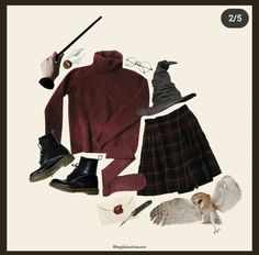 a harry potter outfit with an owl, hat, wand and other items on it