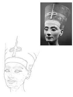 an egyptian woman's head and face are shown in black and white, with one drawing of her