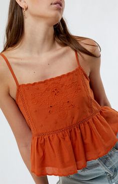 Pacsun $33 Cheap Cute Cotton Tops, Boho Top Outfit, Tiny Tops, Women Tops Design, Babydoll Cami Top, Embroidered Cami Top, Calm Fits, Mexican Top, Babydoll Cami