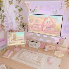 a desk with a computer, keyboard and mouse on it