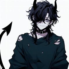 an anime character with black hair and horns