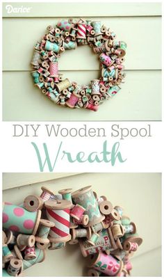 a wreath made out of wooden spools is shown with the words diy wooden spool wreath