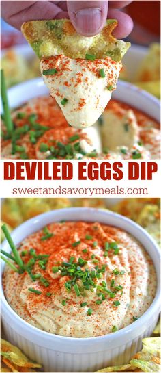 an image of deviled eggs dip in a white bowl with text overlay that reads deviled eggs dip