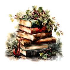 a stack of books sitting on top of each other next to holly leaves and berries