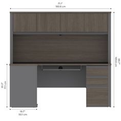 an office desk with two drawers and a file cabinet in the middle, measurements for each drawer