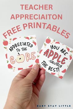 someone holding up two apple cards with the words, teacher appreciation free printables