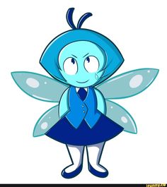 a cartoon character dressed in blue and wearing a dress with an insect on it's back