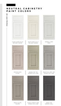 the color chart for neutral cabinetry paint colors in various styles and sizes, including grays