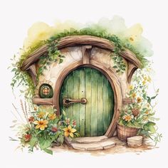 a watercolor painting of a green door surrounded by flowers