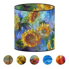 a lamp shade with sunflowers painted on it and four different colors to choose from