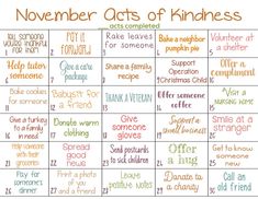 the november acts of kindness calendar is filled with words and pictures to help kids learn how to use it