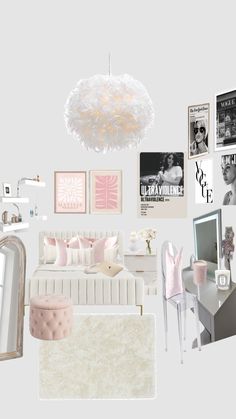 a white bedroom with pink accents and pictures on the wall, including a bed, chair, desk, mirror, chandelier