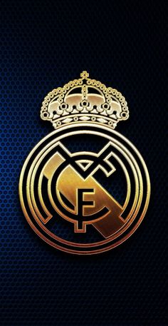 the real madrid logo is shown on a blue and gold background with a crown above it