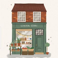 an illustration of a store front with potted plants