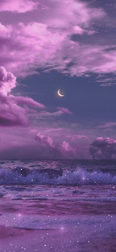 the sky is filled with purple clouds and stars, as well as a crescent moon