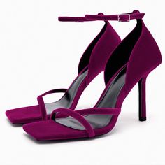 Zara Heeled Velvet Sandals Purple Open Heel Heels With Buckle Closure, Elegant Purple Sandals With Buckle Closure, Purple Open Toe Heels With Buckle Closure, Chic Purple Heels For Night Out, Chic Purple Heels For A Night Out, Purple Sandals With Buckle Closure And Round Toe, Purple Heels With Buckle Closure, Purple High Heels With Buckle Closure, Purple Sandals With Buckle Closure For Spring