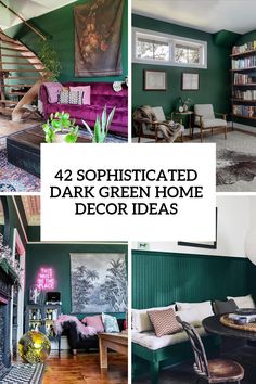 green living room with couches, chairs and bookshelves in the background text reads 42 sophisticateded dark green home decor ideas