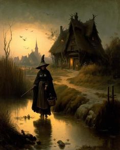 a painting of a woman in a witch's costume walking into a pond with ducks