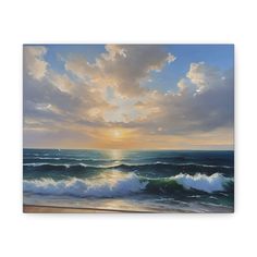 an oil painting of the sun setting over the ocean with waves crashing in front of it