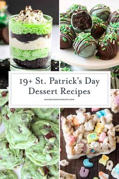 st patrick's day dessert recipe collage with green, white and chocolate treats