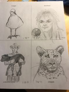 some drawings of people and animals on a piece of paper with the same person holding a bird