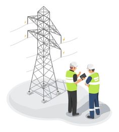 two men in safety vests standing next to an electric tower