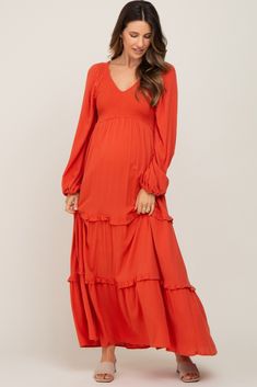 A comfortable & casual maternity dress perfect for any day!  A solid maternity midi dress with a v-neckline, smocked bodice, bubble sleeves and tiered skirt. Skirt is double lined. The Rust Smocked Tiered Maternity Midi Dress is perfectly bump-friendly! Ruched Maxi Maternity Dress, Maternity V-neck Ruched Dress, Maternity V-neck Dress With Ruched Details, Solid V-neck Maternity Dress, V-neck Ruched Maternity Dress, Maternity Midi Dress With Smocked Back, Ruched V-neck Maternity Dress, Maternity Dress With Smocked Back And Empire Waist, Tiered Ruffle Maternity Maxi Dress