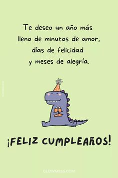 a cartoon dinosaur with a party hat on it's head and the words feliz cumplearos