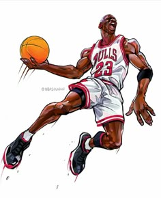 a drawing of a basketball player in the air with a ball on his hand and feet