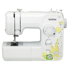 a white sewing machine with yellow flowers on it's front and side buttons that read brother