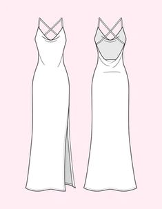 the front and back view of a white dress with straps on it, against a pink background