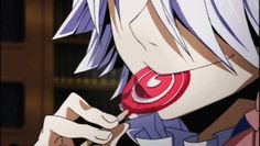 an anime character with white hair and blue eyes holding a candy lollipop in her mouth