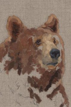 a painting of a brown and white bear on a beige background, with the head slightly turned to the left