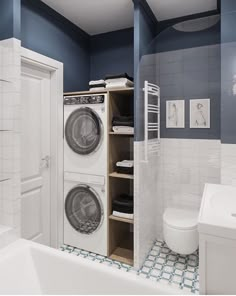 a washer and dryer sitting in a bathroom next to a tub with blue walls